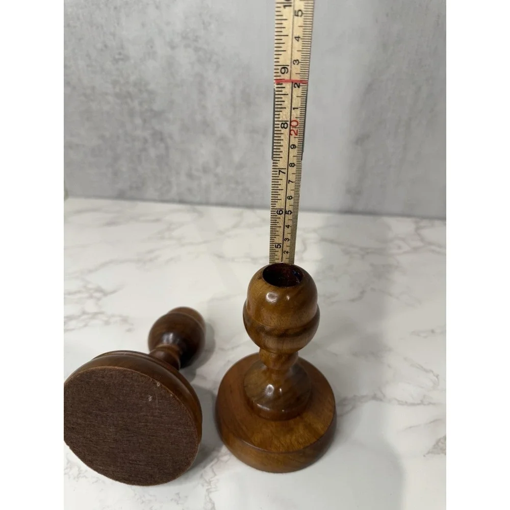Vintage Pair Hand Turned Solid Wood Taper Candle Holders Rustic Farmhouse 4.5